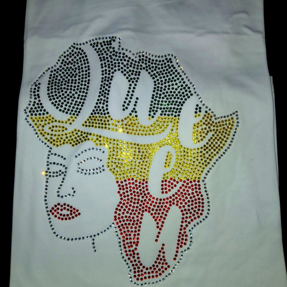 Handcrafted White Graphic Tee with Africa Map With Rhinestone Design   QUEEN